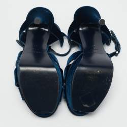 Pre Owned Saint Laurent Navy Blue Velvet Tribute Platform Sandals Size 37