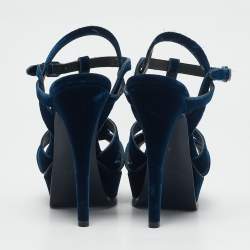 Pre Owned Saint Laurent Navy Blue Velvet Tribute Platform Sandals Size 37