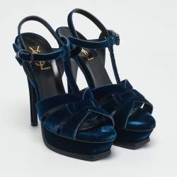 Pre Owned Saint Laurent Navy Blue Velvet Tribute Platform Sandals Size 37