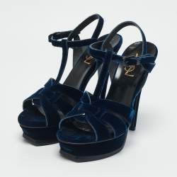 Pre Owned Saint Laurent Navy Blue Velvet Tribute Platform Sandals Size 37