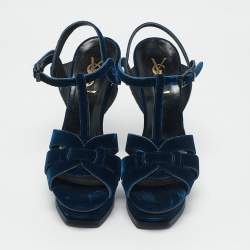 Pre Owned Saint Laurent Navy Blue Velvet Tribute Platform Sandals Size 37