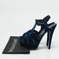 Pre Owned Saint Laurent Navy Blue Velvet Tribute Platform Sandals Size 37