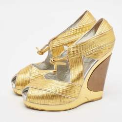 Saint Laurent Paris Metallic Gold Leather Venice Sculpted Wedge Platform Sandals Size 39