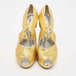 Saint Laurent Paris Metallic Gold Leather Venice Sculpted Wedge Platform Sandals Size 39