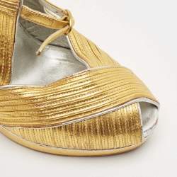 Saint Laurent Paris Metallic Gold Leather Venice Sculpted Wedge Platform Sandals Size 39