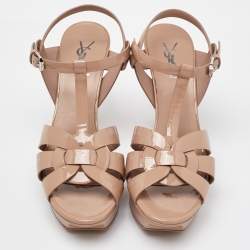 Saint Laurent Beige Patent Leather Tribute Platform Sandals Size 39.5