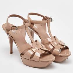 Saint Laurent Beige Patent Leather Tribute Platform Sandals Size 39.5