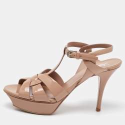 Saint Laurent Beige Patent Leather Tribute Platform Sandals Size 39.5