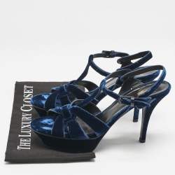 Pre Owned Saint Laurent Blue Velvet Tribute Ankle Strap Sandals Size 38.5