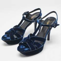 Pre Owned Saint Laurent Blue Velvet Tribute Ankle Strap Sandals Size 38.5