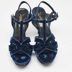 Pre Owned Saint Laurent Blue Velvet Tribute Ankle Strap Sandals Size 38.5
