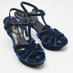 Pre Owned Saint Laurent Blue Velvet Tribute Ankle Strap Sandals Size 38.5