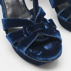 Pre Owned Saint Laurent Blue Velvet Tribute Ankle Strap Sandals Size 38.5