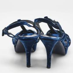 Pre Owned Saint Laurent Blue Velvet Tribute Ankle Strap Sandals Size 38.5