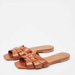 Saint Laurent Brown Leather Tribute Slide Flats Size 39