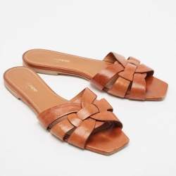 Saint Laurent Brown Leather Tribute Slide Flats Size 39