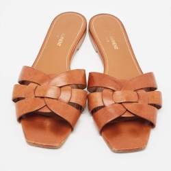 Saint Laurent Brown Leather Tribute Slide Flats Size 39