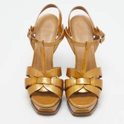 Saint Laurent Paris Gold Patent Leather Tribute Platform Sandals Size 38.5