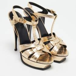 Saint Laurent  Metallic Croc Embossed Leather Tribute Platform Sandals Size 40