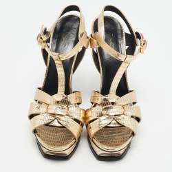 Saint Laurent  Metallic Croc Embossed Leather Tribute Platform Sandals Size 40