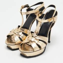 Saint Laurent  Metallic Croc Embossed Leather Tribute Platform Sandals Size 40