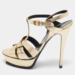 Saint Laurent  Metallic Croc Embossed Leather Tribute Platform Sandals Size 40