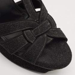Saint Laurent Black Suede and Quartz Glitter Tribute Platform Sandals Size 37.5