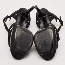 Saint Laurent Black Suede and Quartz Glitter Tribute Platform Sandals Size 37.5