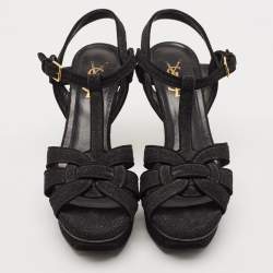 Saint Laurent Black Suede and Quartz Glitter Tribute Platform Sandals Size 37.5