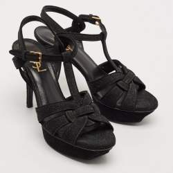 Saint Laurent Black Suede and Quartz Glitter Tribute Platform Sandals Size 37.5