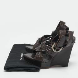 Saint Laurent Brown Leather Ankle Strap Wedge Sandals Size 35
