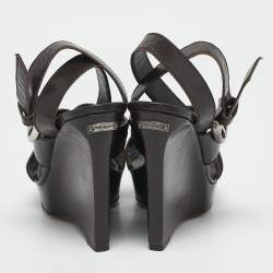 Saint Laurent Brown Leather Ankle Strap Wedge Sandals Size 35