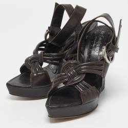 Saint Laurent Brown Leather Ankle Strap Wedge Sandals Size 35