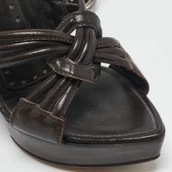 Saint Laurent Brown Leather Ankle Strap Wedge Sandals Size 35
