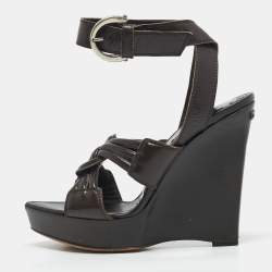 Saint Laurent Brown Leather Ankle Strap Wedge Sandals Size 35