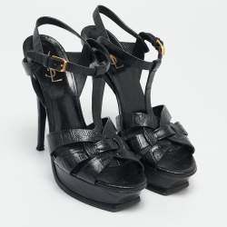 Saint Laurent Black Croc Embossed Leather Tribute Platform Sandals Size 40