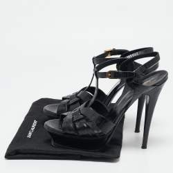 Saint Laurent Black Croc Embossed Leather Tribute Platform Sandals Size 40