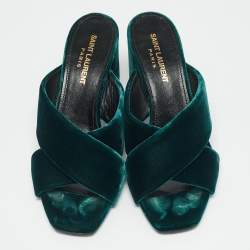 Saint Laurent Green Velvet Loulou Criss Cross Mules Size 37