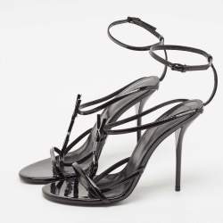 مملوكة مسبقًا Saint Laurent Black Patent Leather Cassandre Ankle Strap Sandals Size 40
