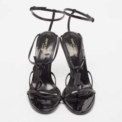 مملوكة مسبقًا Saint Laurent Black Patent Leather Cassandre Ankle Strap Sandals Size 40