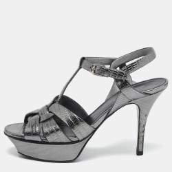 Saint Laurent Grey Lizard Embossed Leather Tribute Platform Sandals Size 37