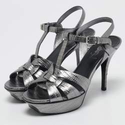 Saint Laurent Grey Lizard Embossed Leather Tribute Platform Sandals Size 37