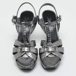 Saint Laurent Grey Lizard Embossed Leather Tribute Platform Sandals Size 37