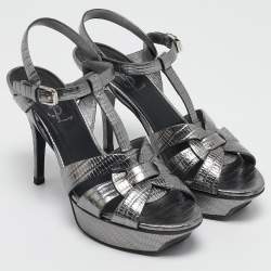 Saint Laurent Grey Lizard Embossed Leather Tribute Platform Sandals Size 37