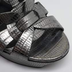 Saint Laurent Grey Lizard Embossed Leather Tribute Platform Sandals Size 37