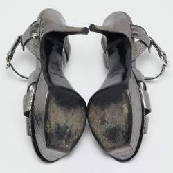 Saint Laurent Grey Lizard Embossed Leather Tribute Platform Sandals Size 37
