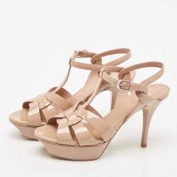 Pre Owned Saint Laurent Beige Patent Leather Tribute Platform Sandals Size 37