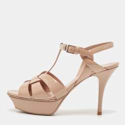 Pre Owned Saint Laurent Beige Patent Leather Tribute Platform Sandals Size 37