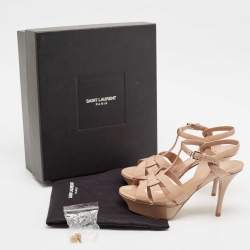 Pre Owned Saint Laurent Beige Patent Leather Tribute Platform Sandals Size 37