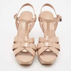 Pre Owned Saint Laurent Beige Patent Leather Tribute Platform Sandals Size 37